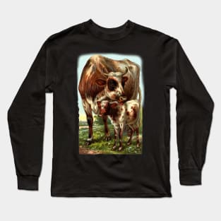 Cow with Calf Vintage Illustration Long Sleeve T-Shirt